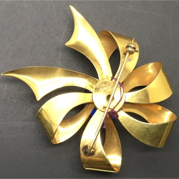 Kilpatrick Gold Filled  Brooch Pin  Bow Dark Blue Glass Prong Set Christmas - Picture 2 of 2